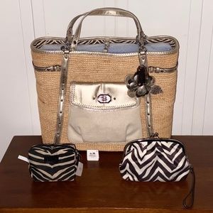 NWT Coach Natalie Editorial Straw Tote Floral Zebra Stripe Kisslock Clutch+Pouch